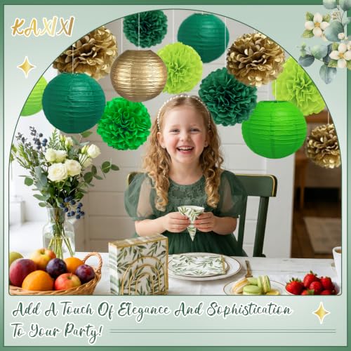 Image of KAXIXI 15-Pack Green and Gold Party Decorations, Paper Lanterns & Pom Poms