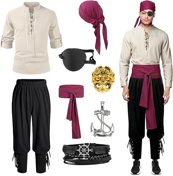 JTKDG Piratenkostüm für Herren Renaissance-Kostüm Mittelalter-Outfit für Männer mit Piratenhose Hemd Schärpe & Accessoires Khaki (M)