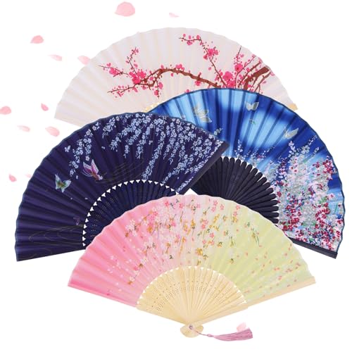 Alaoo Éventails Pliants, 4 pcs Éventails à Main Pliables pour Femme avec Frange en Soie,Japonais Vintage Pliable pour Cadeaux d'anniversaire, Danse,...