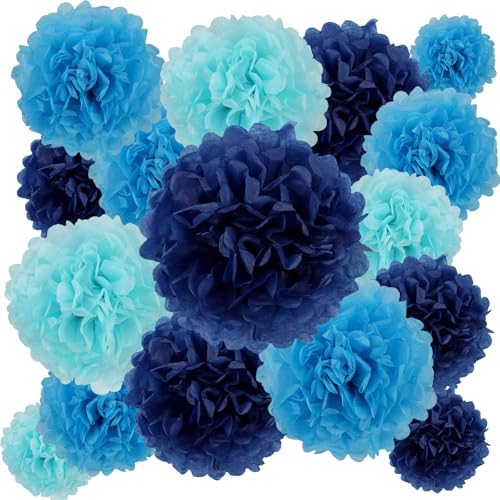 Image of BestoFun 16 PCS Navy Blue Party Decorations Tissue Paper Flowers Pom Poms Decorations for Girl Groovy Birthday Baby Shower Wedding Bachelorette Room Wall Hanging Decor