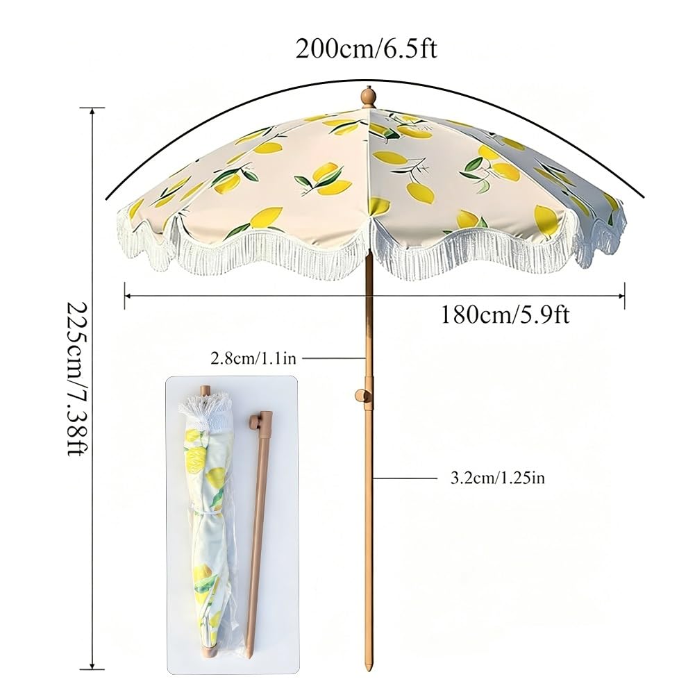 Sombrilla de Jardín de 200 Cm, Inclinable y con Borlas; Sombrilla de Playa con Estampado de Limones, Protección UPF 50+, para Patio o Piscina