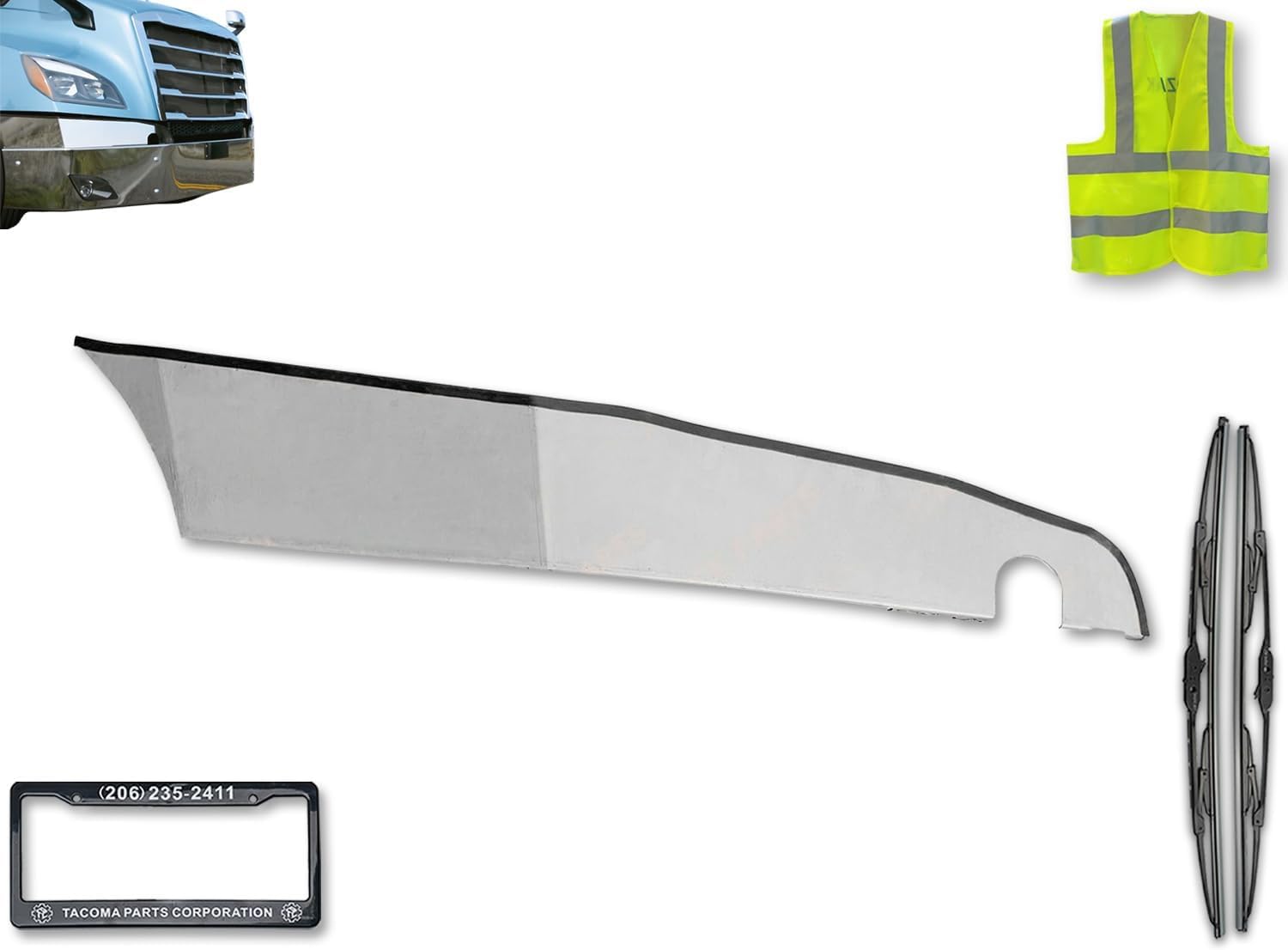 KOZAK Chrome STEEL Bumper Corner Passenger Right Side Compatible with Freightliner Cascadia 2018+ PLUS Logo, 2x 22" Windshield Wipers, License Plate Frame and Vest