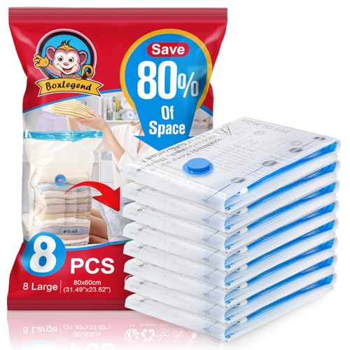 BoxLegend Bolsas Vacio Ropa 8 Grande 80x60cm Bolsas de Vacio para Ropa Almacenaje Aspiradora Ahorro Espacio para Mudarse Vestuario Maletero Guardar Ropa de Cama, Edredones, Almohadas, Mantas, Abrigo