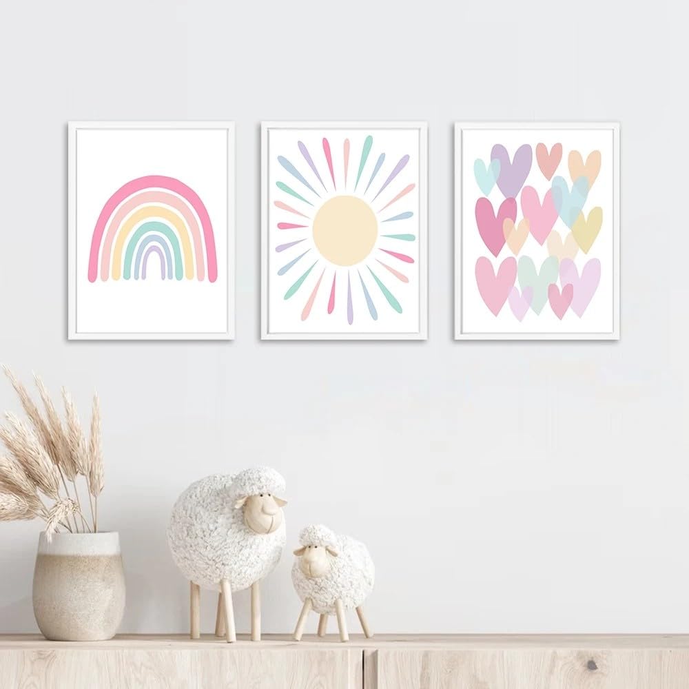 Bilder Kinderzimmer Poster Regenbogen Herzen Boho Wandposter, Bilder Set Junge Mädchen Babyzimmer Kinderbilder, Wandposter Premium, Ohne Rahmen (50x70cm)
