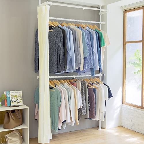 Yamazen WJC-785R(WH) Hanger Rack with Cover, Heavy Duty, Curtain Included, 2 Tiers, Overall Load Capacity 136.7 lbs (62 kg), Slim, Vertical and Horizontal Elastic, Width 39.0 - 52.0 inches (99 - 133 x 36 x 190 - 260 cm), Tension Resistant, Easy Tension Included, Assembly Required, White