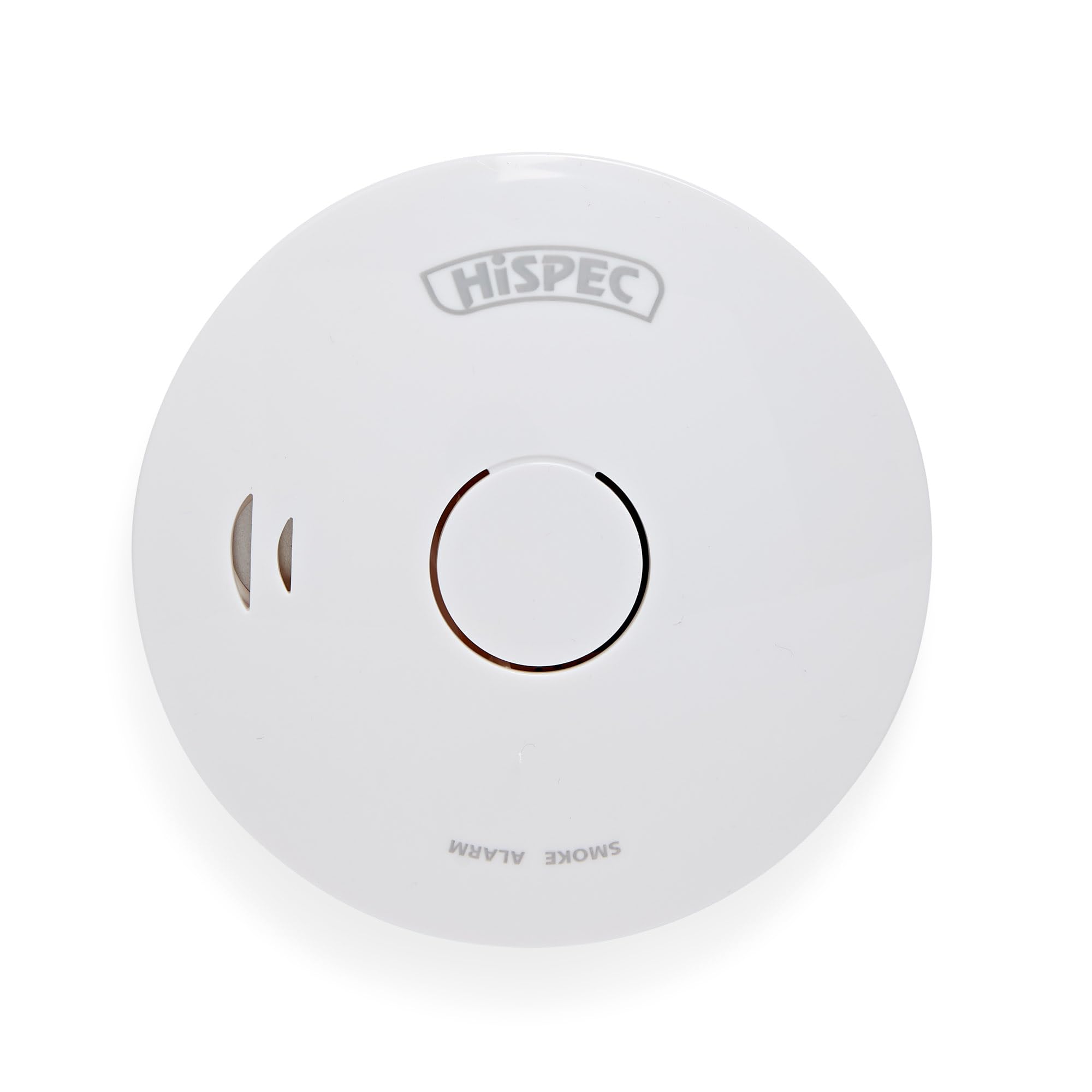 Hispec Battery Operated Smoke Detector, 10 Year Sealed Lithium Battery, Hush Feature, 85dB Alarm, Low Battery Warning, Power/Alarm Test Button, Wall Plugs & Screws Included