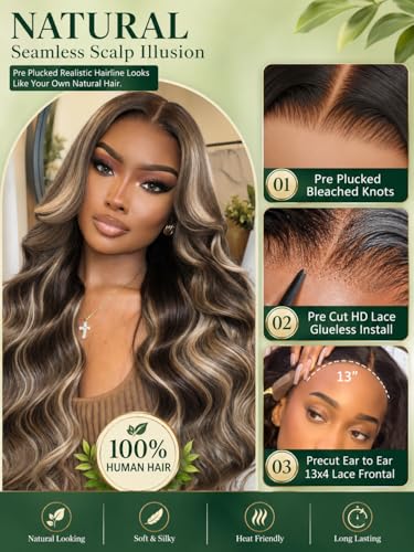 Image of KLAIYI Bye Bye Slip Pre Everything 13x4 Loose Wave Lace Front Ash Brown Platinum Blonde Human Hair Wig with Face Framing Bang Drawstring Glueless Pre Plucked Bleached Knots 30S Wear and Go Wig 22Inch
