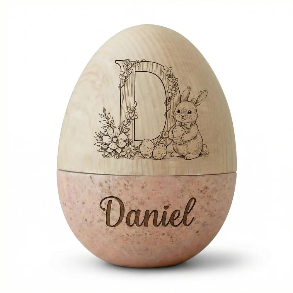 Personalized Bunny Floral Wooden Easter Egg with Name and Initial, Reusable Large Hollow Speckled Easter Keepsake, Basket Filler, Easter Gift for Kids — view 6