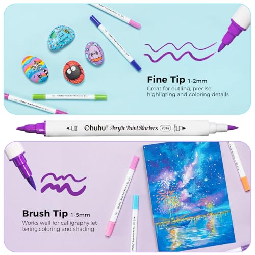 Image of Ohuhu Acrylic Paint Markers 36 Colors: Dual Tips (Brush & Fine) Paint Pens High Opacity Acrylic Markers Waterproof Lightfast for Rock Painting Easter Eggs Wood Glass Ceramic Canvas, Multicolor