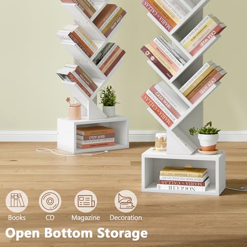 Image of Hoctieon 9 Tier Tree Bookshelf, Tall Bookcase, Freestanding Book Shelf with LED Lights, Display Floor Standing Storage Shelf, Book Organizer Shelves for Home Office, Living Room, White