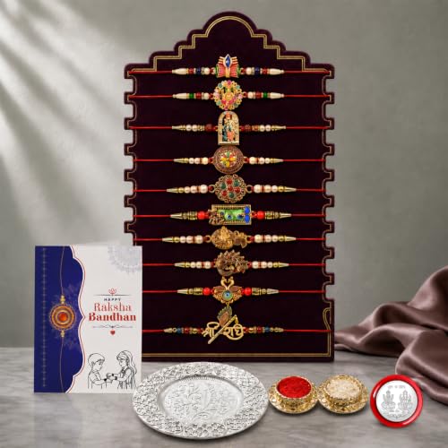 Image of Oblivion Designer Handcrafted Multicolor Rakhi Combo for Brother Bhaiya Bhai with Thali, Roli Tikka, Silver Color Pooja Coin & Greeting Card | Raksha Bandhan Festival Gift Set | Pack of 14