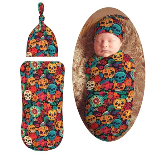 Image of Big Skulls and Flowers Newborn Swaddle Blanket with Beanie Set Soft Baby Sack Stretch Adjustable Swaddle Wraps Receiving Blankets