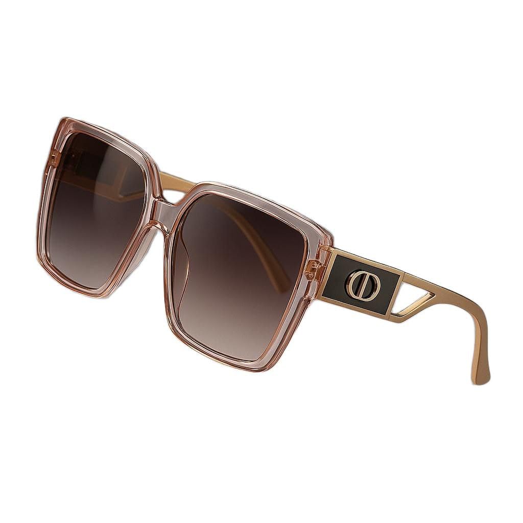 Designer Square Oversized Sunglasses for Women, Transparent Pink Frame,Gradient UV Protection, Lightweight (Transparent Pink(Gold silver on Frame), Gradient Brown)
