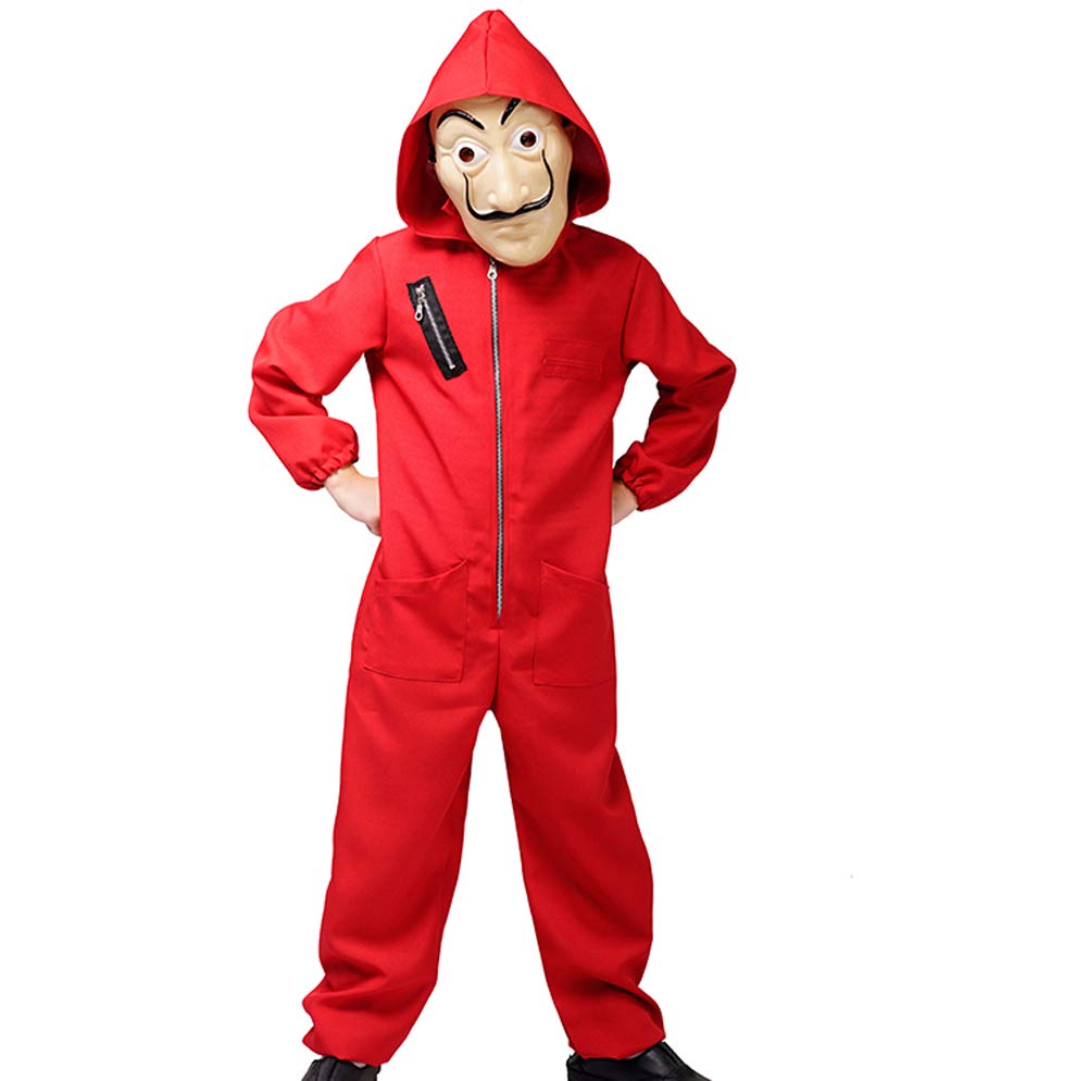 The Paper House for Money Heist Costume Halloween Hoodie Coverall Jumpsuit Red with Mask for Kids 130cm