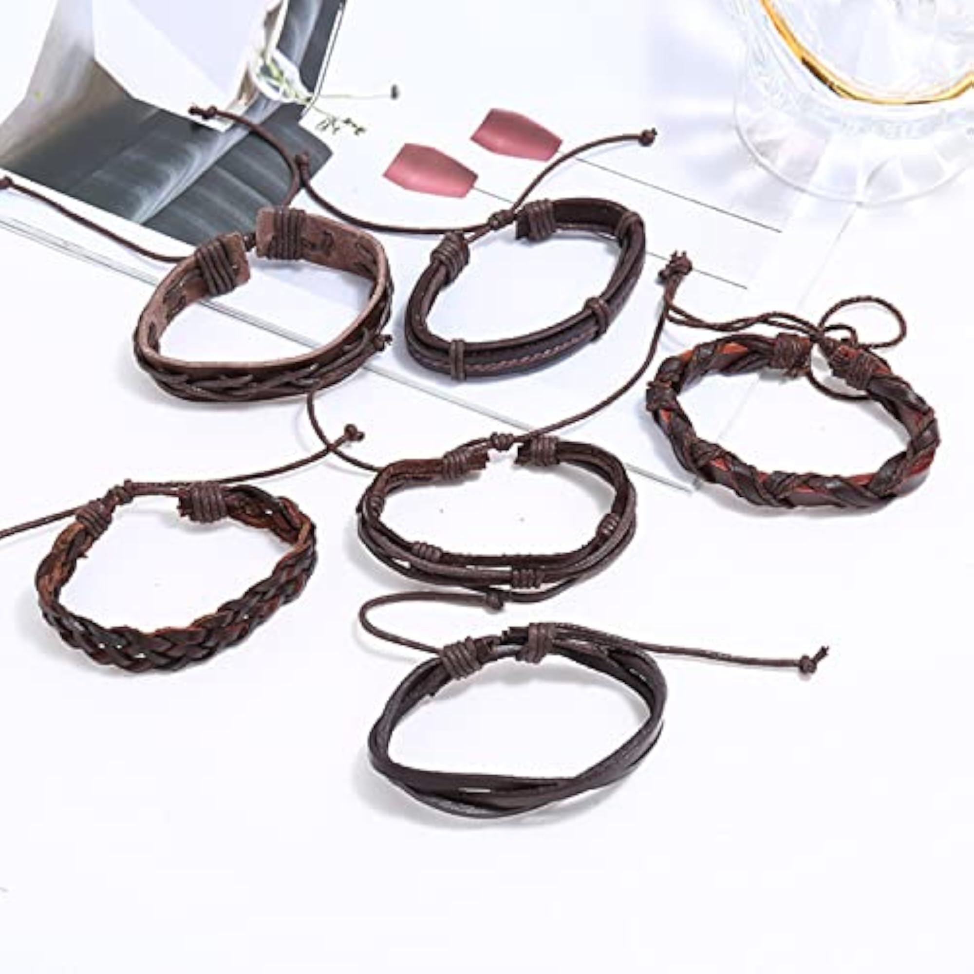 Brown Leather Bracelet Set of 6 Handcrafted Stylish Design for Men & Boys