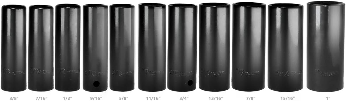 XtremepowerUS 1/2-Inch Drive Deep Socket Set (11-Socket Set) SAE Cr-V 6-Point (3/8" - 1") with Storage Case