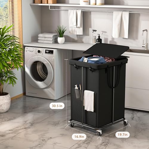 150L Large Laundry Hamper with Lid, Rolling Laundry Basket with Wheels, Oxford Fabric Dirty Clothes Hampers with Removable Laundry Bag & Metal Frame for Bedroom, Laundry Room, Bathroom, Dorm(Black) - Image 2