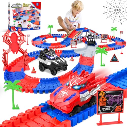 Spider Toys for Boys 4-6, with 2 Electric Spider Race Track, Flexible Tracks Playset Toys for 3 4 5 6 7 8 Year Old Boys and Girls, 212 PCS Race Tracks Birthday Gifts for Boys