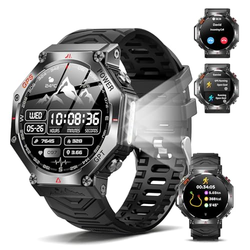 GPS Smartwatch Herren, 2026 Militär Smartwatch Sportuhr, 1.39'' Fitnessuhr Smart Watch für Android und ios, Wasserdichte Fitness Tracker mit Telefonfunktion/Herzfrequenz/AI/ChatGPT/über 100 Sportmodi