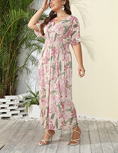 Image of OSTOO Women's Plus Size Hawaii Empire Waist Bat Short Sleeve Casual Floral Print Boho Maxi Dress
