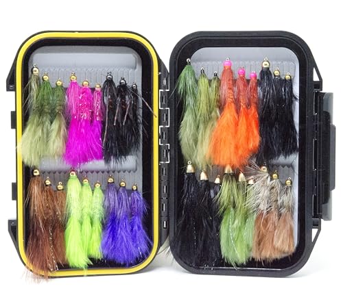 36 Beadhead and Cone Head Wooly Bugger Fly Assortment with Waterproof Fly Box for Trout, Largemouth Bass, Smallmouth Bass, Bluegill, Sunfish, Perch and Other Lake & River Fish, Size 6-12