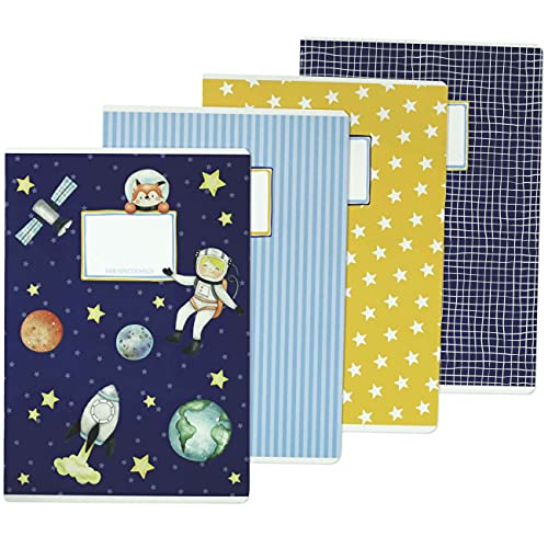 Papierdrachen 4 cuadernos para niños DIN A4 | rayados y cuadriculados 32 páginas - motivo astronauta - para empezar la escuela para los alumnos de primaria - set número 5-16 hojas