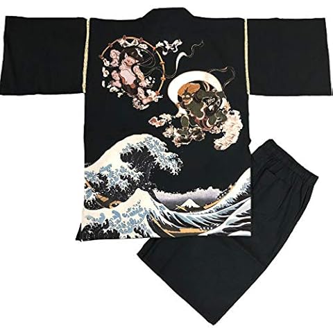 Edoten Japan 100% Cotton Jimbe Original Printing Color Fujin Raijin Waves Navy XL Cover