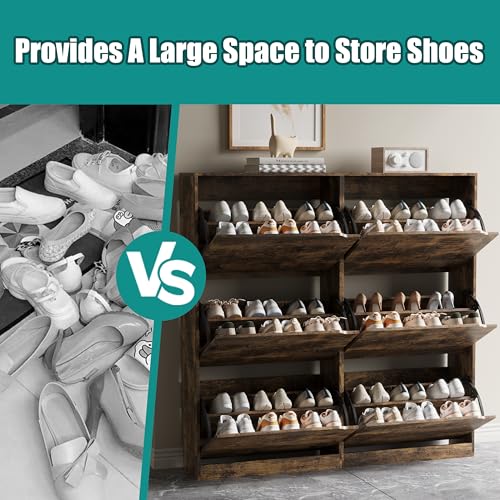 Image of Xixini Shoe Storage Cabinet for Entryway with 6 Flip Drawers, Sturdy Wood Hidden Shoe Storage, Freestanding Narrow Slim Shoe Organizer for Front Door Entrance, Living Room, Hallway, Bedroom, Brown