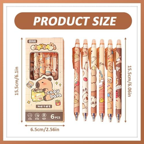 Image of Capybara Erasable Gel Pens Set, Blue Ink, Cute Cartoon Design with Rubber Eraser Cap, 6 Pieces, Student Writing and Office Stationery Gift Set (Capybara)