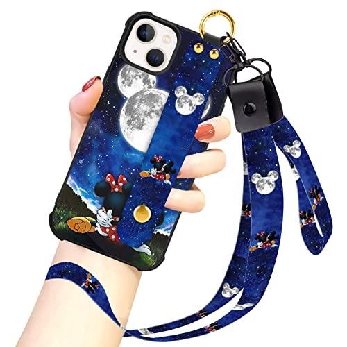 Cartoon Case For Iphone 14 Case 6.1 Inch Cute Mickey Minnie Moon Cartoon Character Design With Lanyard Wrist Strap Band Holder Shockproof Protection Bumper Kickstand Cover For Iphone 14 (2022) #TOP11