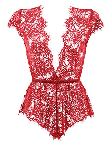 Anyou Womens Lingerie V Neck Lace Bodysuit Mini Babydoll Features Plunging Eyelash M-Dark Red