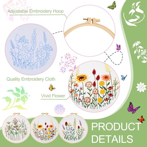 Image of Magibeads 3 Set Flower Leaf Water Soluble Embroidery Starter Kit - Cross Stitch Patterns - Crochet Kit with Embroidery Thread Fabric - Instruction - Knitting Kit for Adults - Sewing Gifts