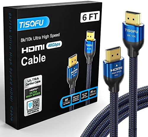 TISOFU [Ultra Certified] 8K HDMI Cable 6FT: HDMI 2.1 Cables 48Gbps High Speed Premium Braided Cord 8K@60Hz 4K@120Hz 4K@144Hz HDCP 2.2&2.3 CL3 ARC eARC Dolby - HD/HDR/HDTV/PS5/PS4/Xbox