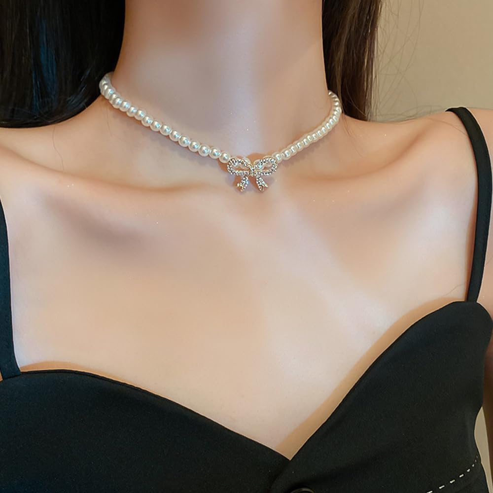 Glitter Rhinestone Bowknot Pearl Choker Necklace for Women,Classic Statement Crystal Bow Pearl Collarbone Necklace,Dainty Wedding Christmas Jewelry Gifts - Image 2