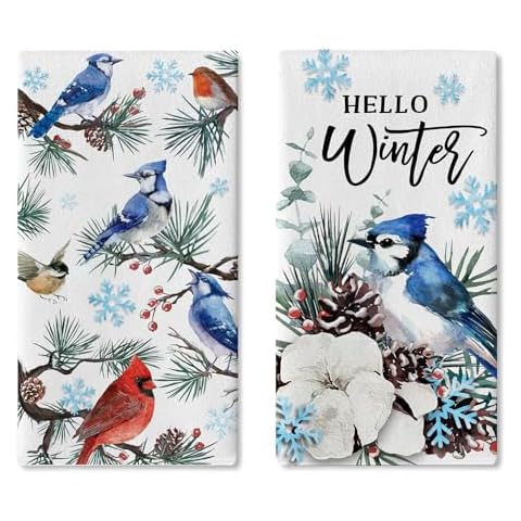 Croar Hello Winter Birds Kitchen Dish Towels Set of 2, Blue Jay Cardinal Cotton Pine Cone Drying Hand Towels Baking Cooking Cloth, Christmas Branch Snowflake Home Kitchen Decoration 18 x 26 Inch Cover