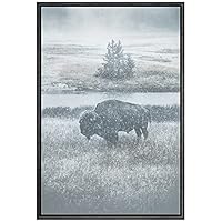 SIGNWIN Framed Canvas Wall Art Blue Wash Out Bison in The Grassland with Snow Nature Wilderness Photography Realism Modern Scenic Relax/Calm Duotone for Living Room, Bedroom, Office - 16