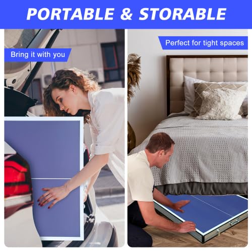Tavolo da ping pong pieghevole da 137 cm, tavolo da ping pong portatile con rete, 2 racchette e 3 palline, superficie di gioco in MDF con rimbalzo uniforme della palla, per interni ed esterni