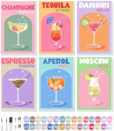 6 pezzi Dipingere con i numeri Cocktail, Dipingere con i numeri Adulti, 20x30 cm Fai da te Set di dipinti a olio fatti a mano, Cocktail Paint by Numbers Adult Con pennelli e colori acrilici per decora