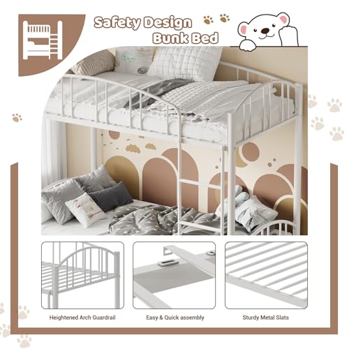 Garvee Bunk Bed Twin Over Twin with Ladder and Arched Guardrail, Heavy Duty Bunkbeds Frame with Sturdy Steel Slats Support for Kids Boys Girls, Space-Saving, No Box Spring Needed, White
