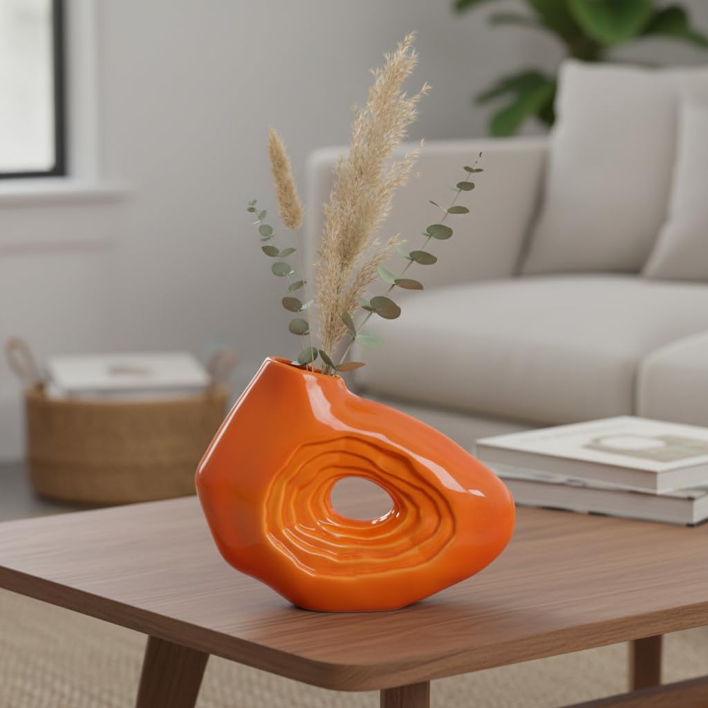 Sunddo Orange Ceramic Vase for Home Decor, 7 Inch Small Donut Flower Vases for Decor, Modern Decorative Vase, Centerpiece, Shelf, Table, Bookshelf, Entryway Decoration