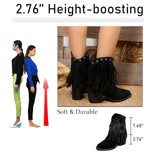 Suede Fringe Chunky Heel Western Boots for Women Retro Fashion Studded Pointed Toe Pull-on Mid Heel Tassel Cowboy Ankle Boots for Country Music Prom Dress Short Booties4