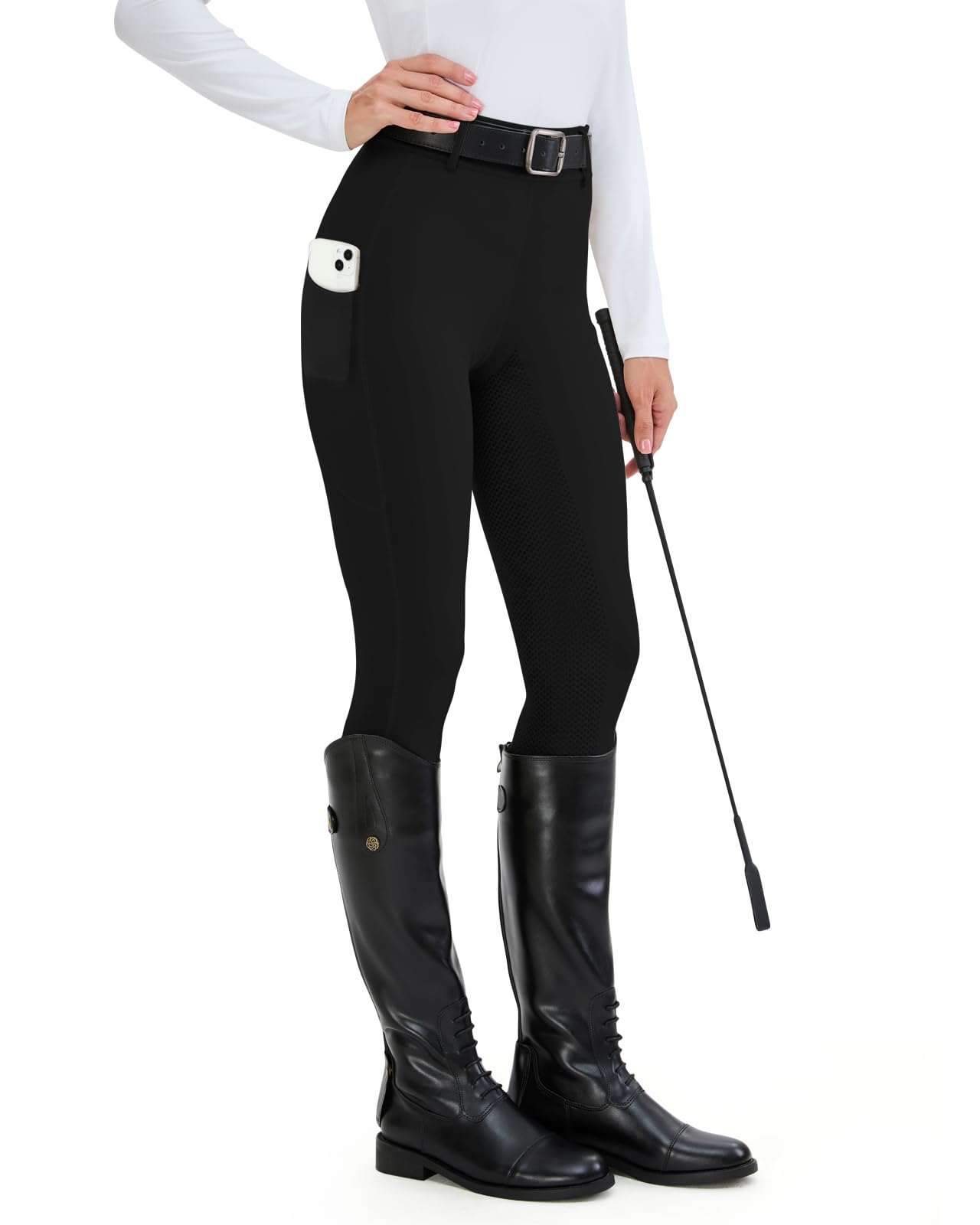 HMILES Damen Reitleggings Silikon Vollbesatz High Waist Elastische Reithose Damen mit Handytasche Gürtelschlaufen