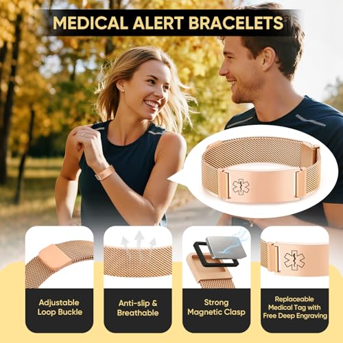VNOX Medical Alert Id Bracelet for Men Women, Custom Engraving Adjustable Stainless Steel Customizable Mesh Emergency Survival Medic Bracelets Wristband Loop Band with Replacement Tag - Image 3