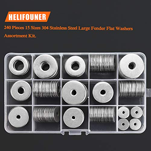 Helifouner 240 Pieces 15 Sizes 304 Stainless Steel Large Fender Washer Assortment Kit (M3 M4 M5 M6 M8 M10 M12) #TOP4