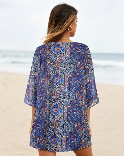 Image of Women's Floral Print Puff Sleeve Kimono Cardigan Loose Cover Up Casual Blouse Tops 2026