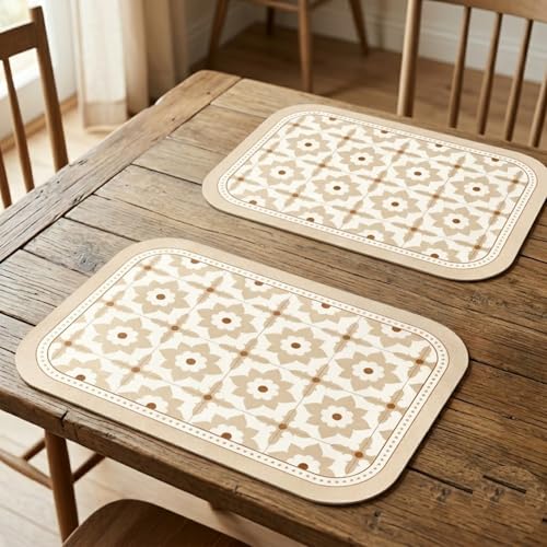 Image of Yelona Beige Faux Leather Dining Table Placemats - Set of 2 | Heat & Stain Resistant PU Table Mats | Easy to Clean & Durable | Perfect for Office, Conference Tables & Home Decor (Lotus Casa)