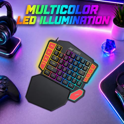 Image of Ant Esports MK1005 One Hand Gaming Keyboard - 45 RGB Backlit Keys, 3 Macro Keys (G1-G3) + REC Key, WASD /Arrow Key Swap, Ergonomic Wrist Rest, USB Type-C OTG Adapter for PC, Laptop & Mobile Gaming