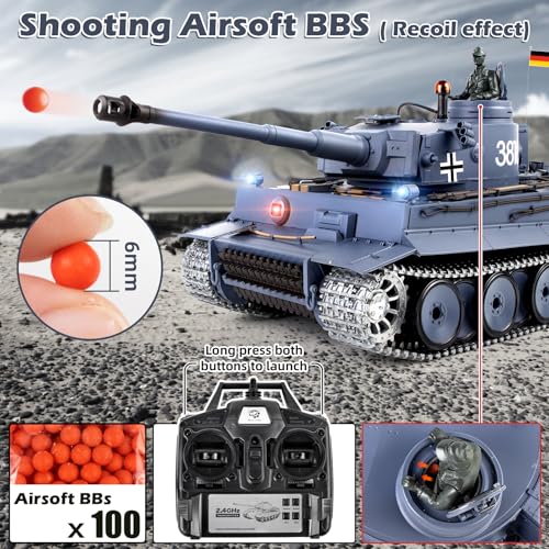 Image of Supdex 1 /16 RC Tank, Heng Long Metal Tiger I Army Toy with Smoke, Sound and Lights, Remote Control Tank that Shoots with Upgraded Metal Tracks, Idler and Sprocket Wheel, Steel Gearbox, Batteries*2