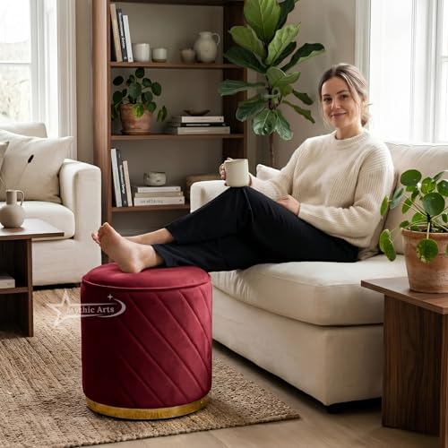 Image of Ottoman Stool, Puffy Stool, Sitting Stool, Modern Upholstered Round Ottoman, Dressing Table for Living-Maroon