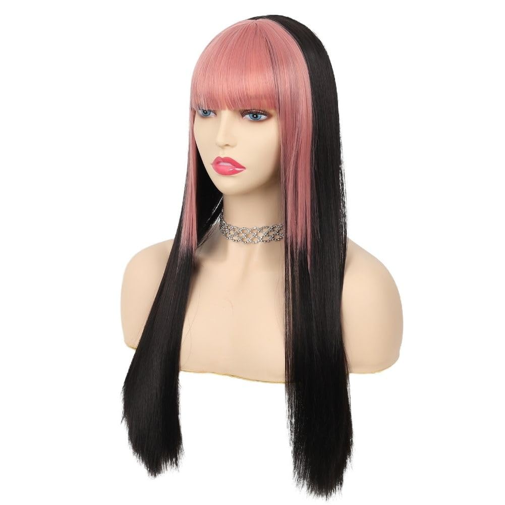Salaibs Black Straight Long Womens Wig with Pink Bangs Synthetic Heat Resistant Fiber Cosplay Halloween Wig - Image 4